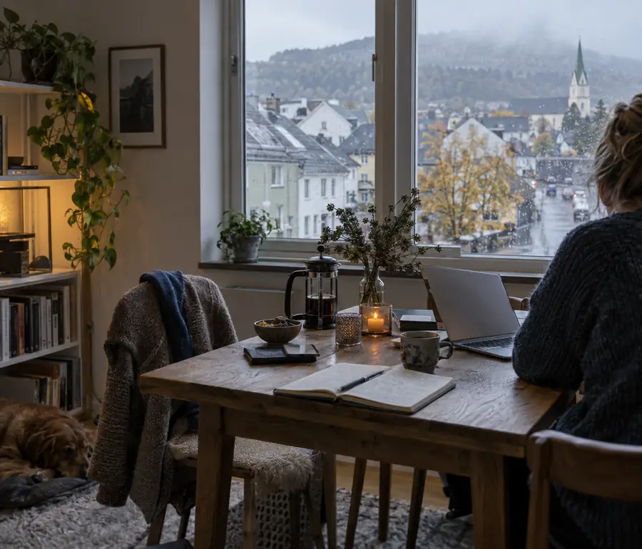 Arbeidsbord ved et vindu med utsikt over norsk bymiljø
